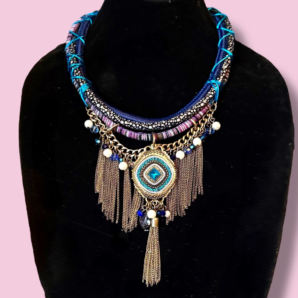 Makarlon Regal Boho Beaded Pendant and Gold Fringe Statement Necklace